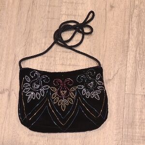 Vtg Carolyne Barton Black Velvet Muticoloured Beaded Evening Bag 🌌🌴